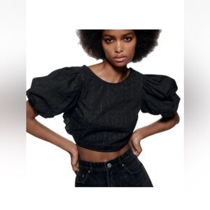 ZARA Black Eyelet Puff Sleeve Crop Top NWT Size XSmall